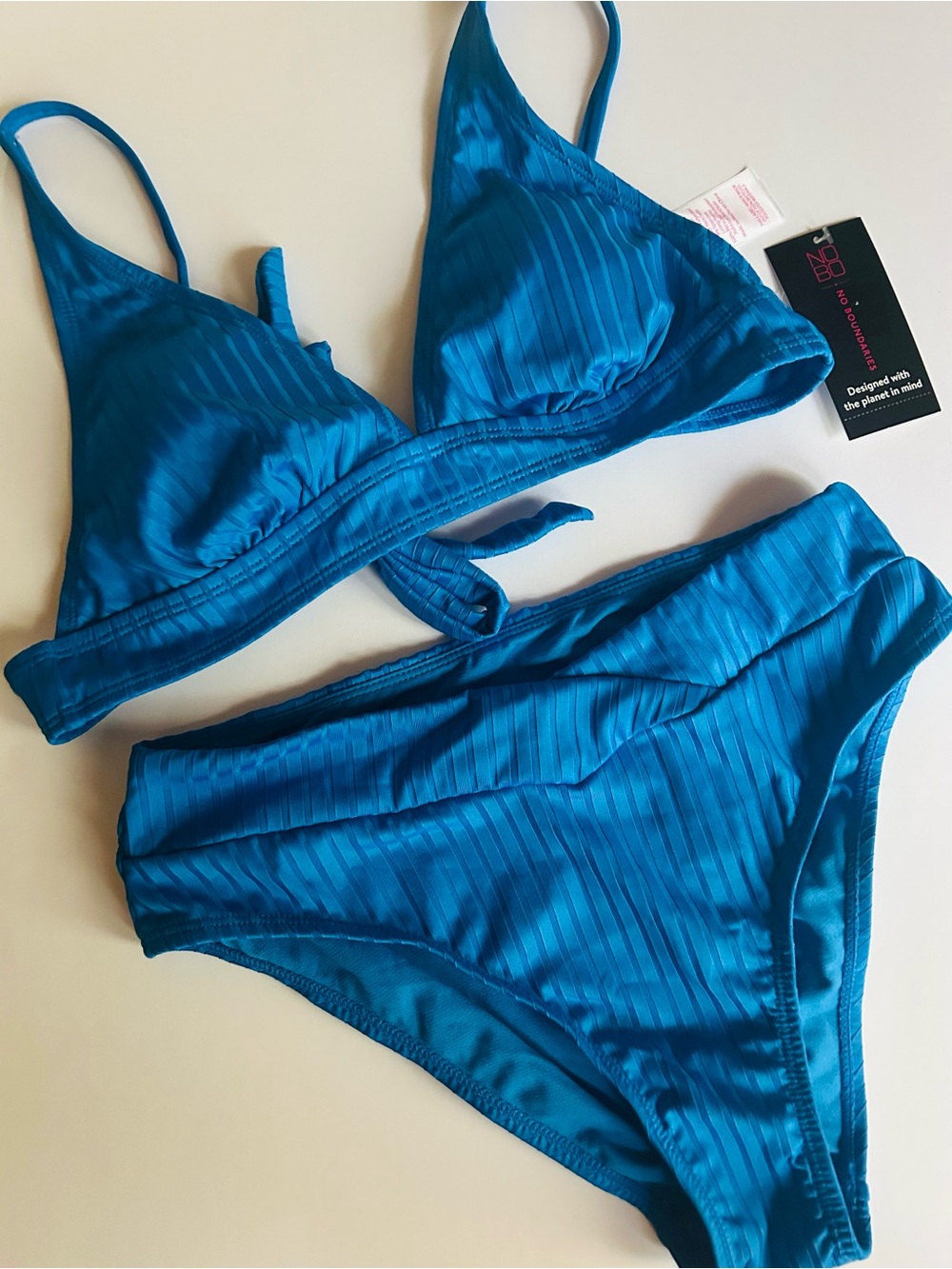 No Boundaries Blue Ribbed Triangle Bikini Set